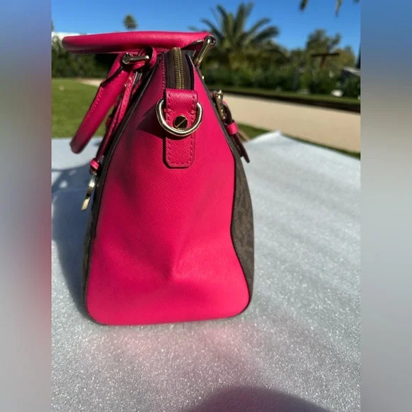 Michael Kors Ciara Large Satchel – Signature Logo Canvas & Hot Pink Leather - Picture 5 of 14